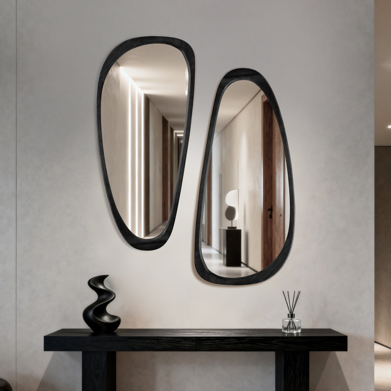 Irregular Natural Wood Frame Wall Mirror, Black, 48" x 22"