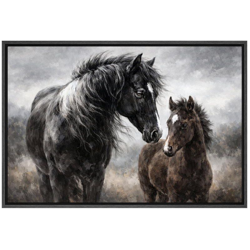 Illustration de chevaux sauvages, mère et poulain dans la nature, impression sur toile encadrée, H 16 po x l 24 po x P 1,5 po