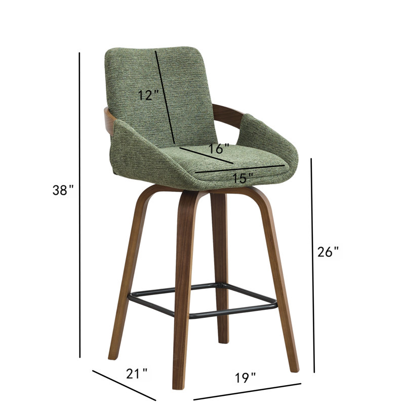 26" Swivel Upholstered Counter Stool with Walnut-Finish Bentwood Accent, 3, Sage Green