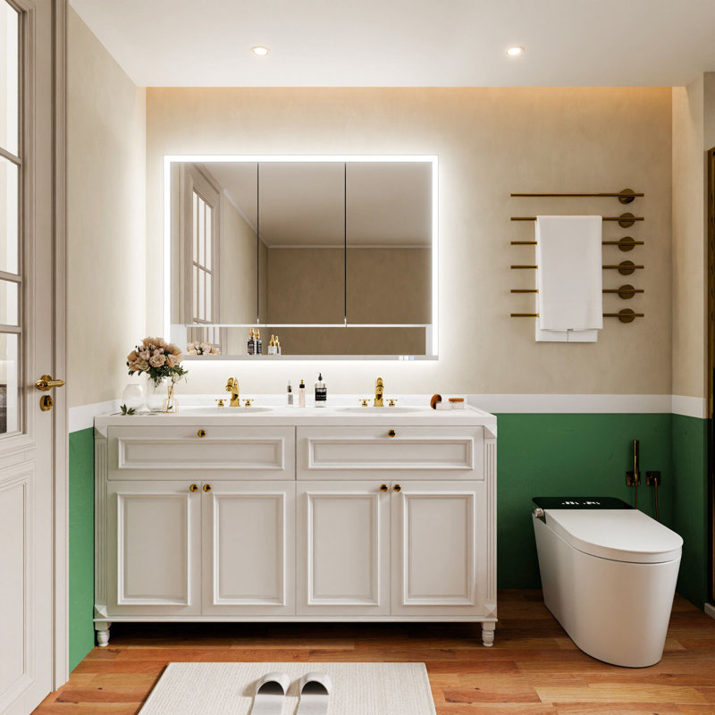 Surface Or Recessed LED Lighted Dimmable Medicine Cabinet With Mirror , Adjustable Shelves, Defogger, Outlets, Usbs