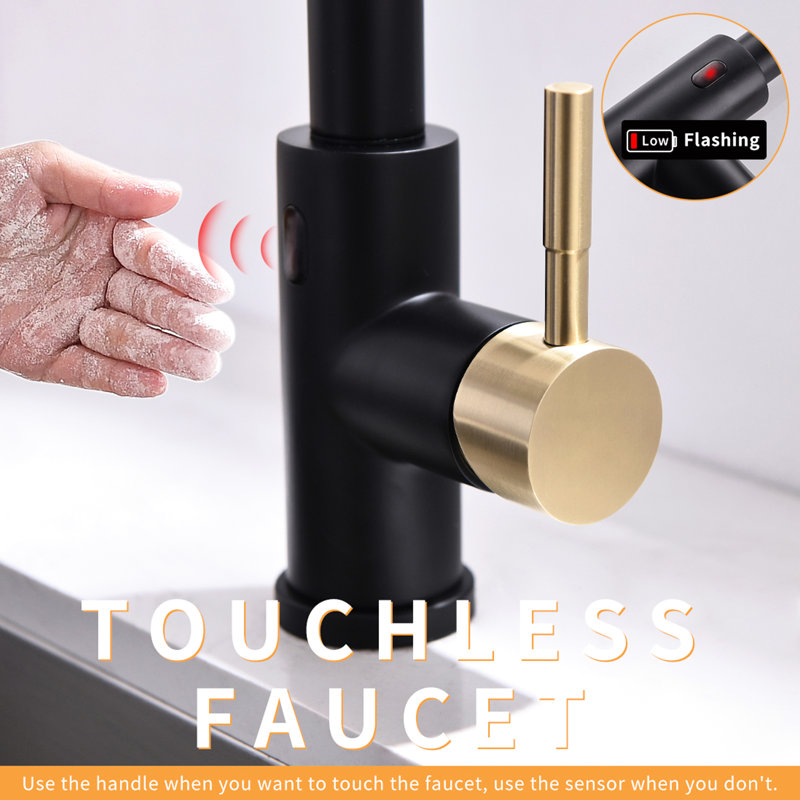 Hands Automatic Kitchen Faucet - Touchless With Pull Out , Black + Gold, Contemporary Style, Ceramic Filler, Brass Construction Smart Spray, For Kitchen, And Contemporary,