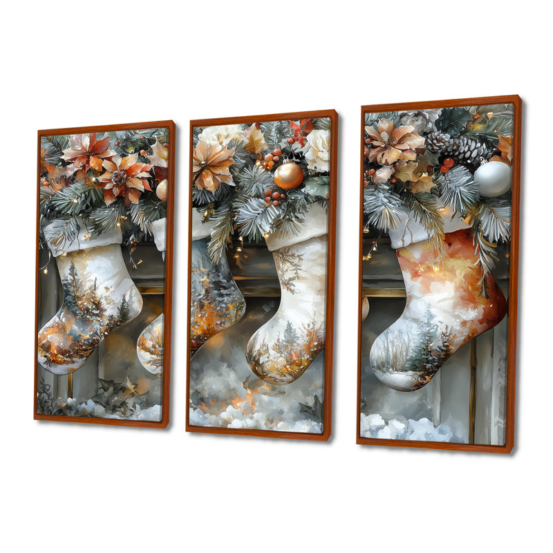 Bas de Noël orange I - ensemble d'art mural de Noël, Toile avec cadre flottant brun, H 28 po x l 36 po x P 1 po
