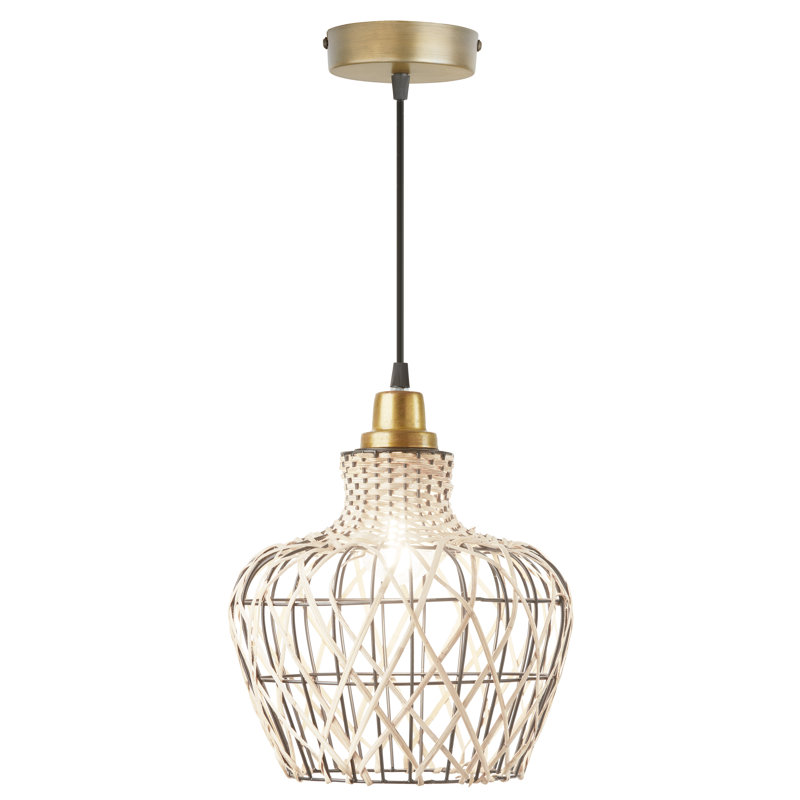 10.25"W 1-Light Auman Rattan and Metal Pendant, Gold