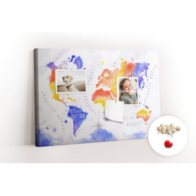Wall Mounted cork board with print wall art notice boards home office bulletin board ideas Watercolor world map