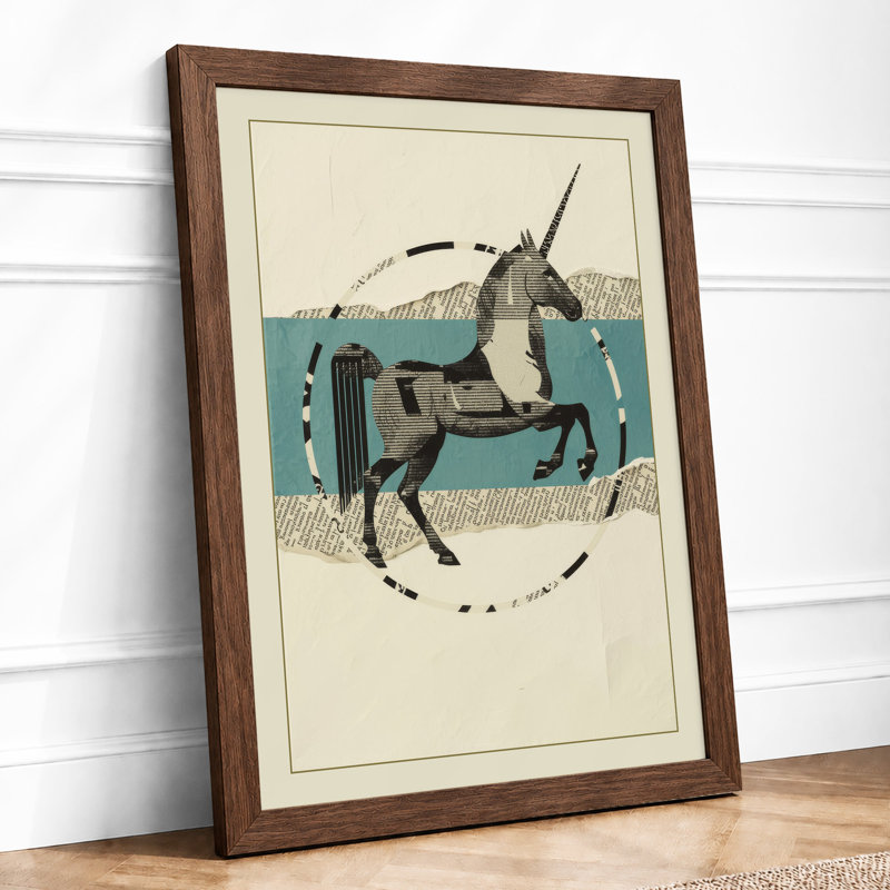 Leaping Unicorn Art Deco - Framed Print, A4 - 29.7 x 21.0 cm, Walnut