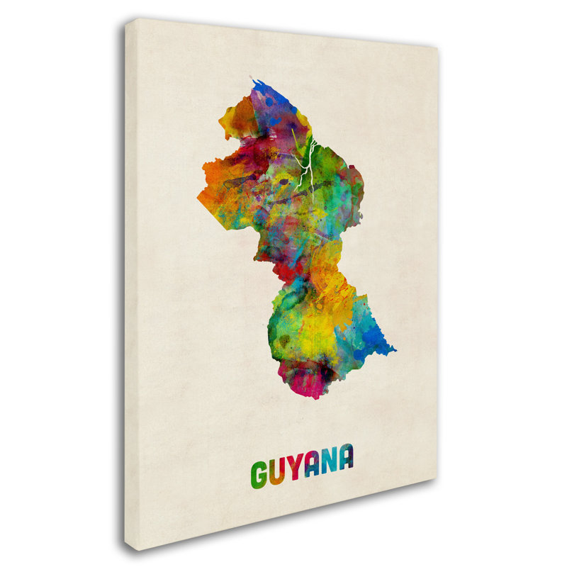 « guyana aquarelle map », impression sur toile tendue, H 24 po x l 18 po x P 2 po