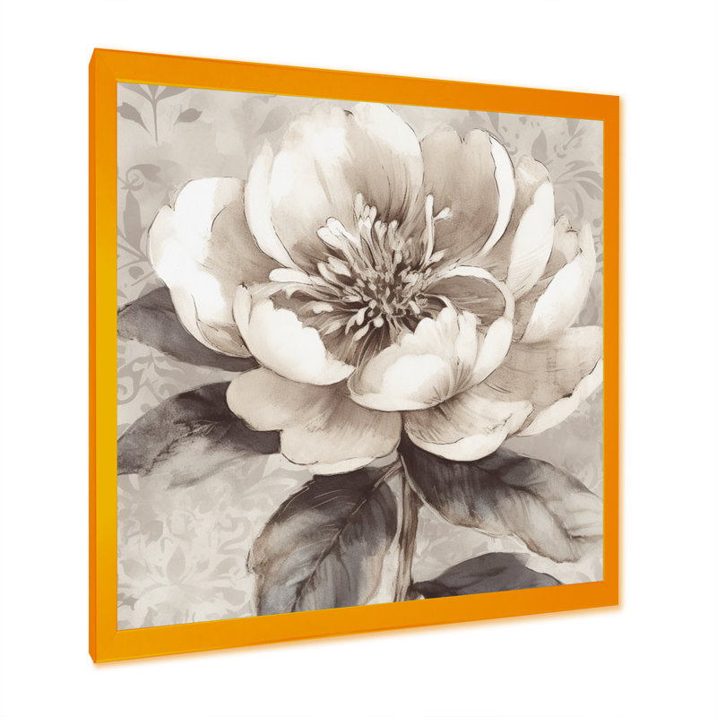 Pivoines grises sur une branche I - pivoines, art mural, H 16 po x l 16 po x P 1 po, Cadre doré simple