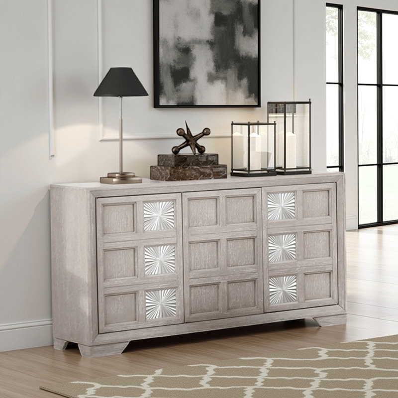 Buffet console Diaz, 3 portes, motif soleil levant, gris clair