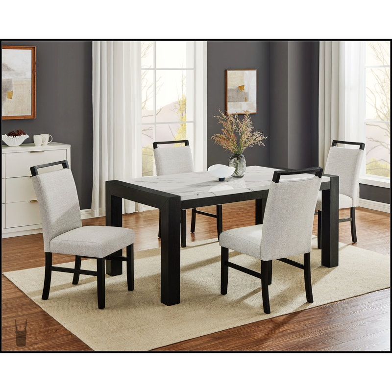 7 pièces, ensemble de salle à manger de style contemporain, table rectangulaire en faux marbre blanc, chaises rembourrées, dossier complet, gris clair, finition noire