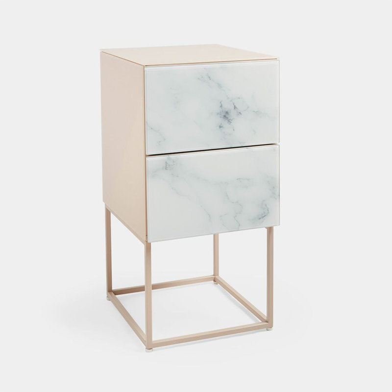 Tempered Glass Marble Stone Double Drawer Bedside Table for Bedroom, Living Room, Gray/White