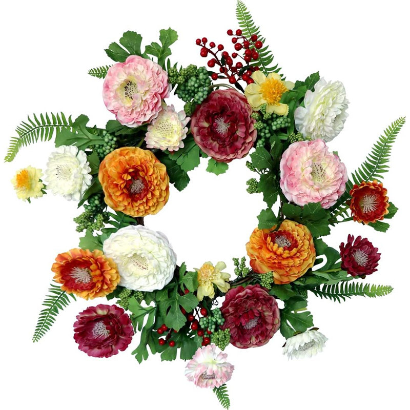 19” Artificial Peony Flower Wreath for All Seasons Farmhouse Indoor Outside Wall Window Decor , 18" H x 18" W x 3" D