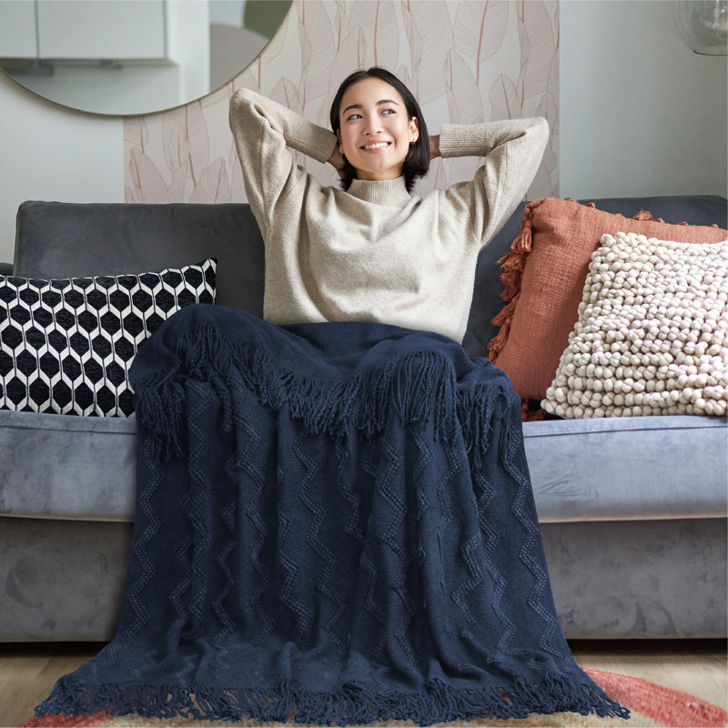 Navy Blue Knitted Fleece Reversible Throw Blanket