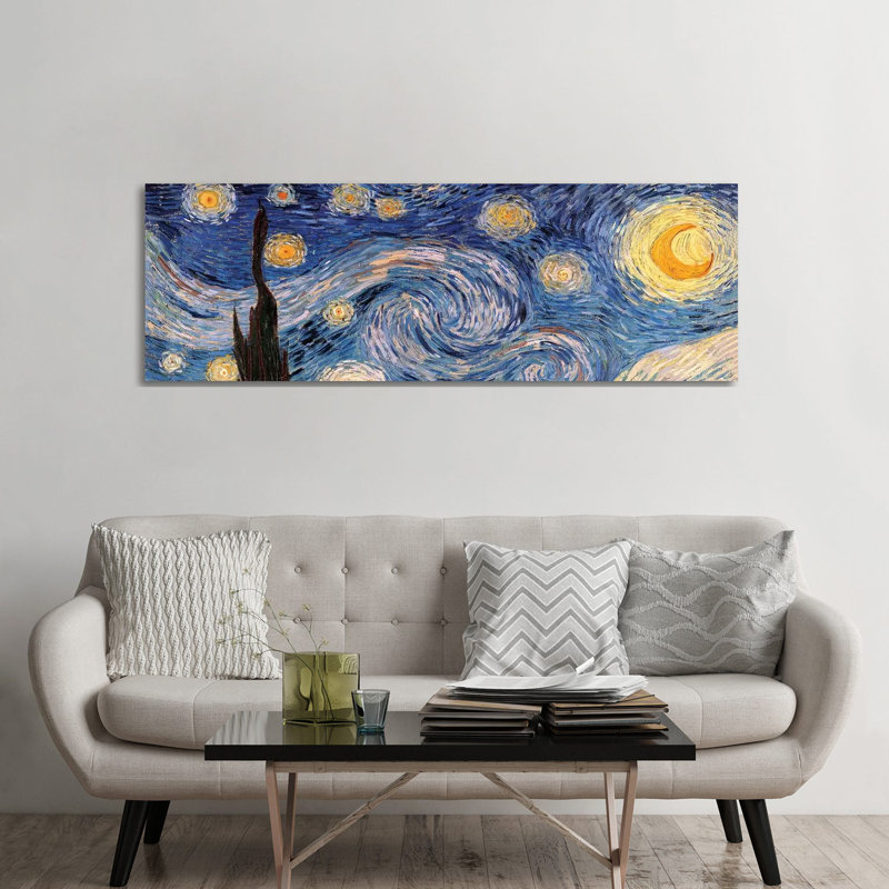 The Starry Night by Vincent Van Gogh - Panoramic Painting on Canvas, 30.48 cm H x 91.44 cm W, White Floater Framed