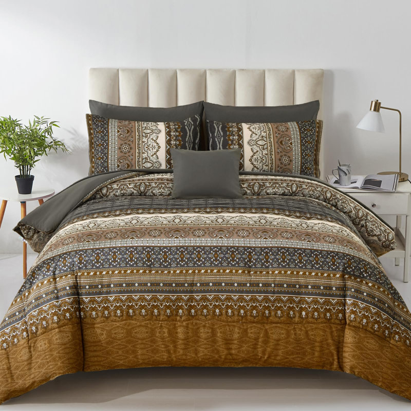 Ensemble de courtepointe 8 pièces Bohemian, Édredon très grand + 7 pièces supplémentaires, Brun / Noir