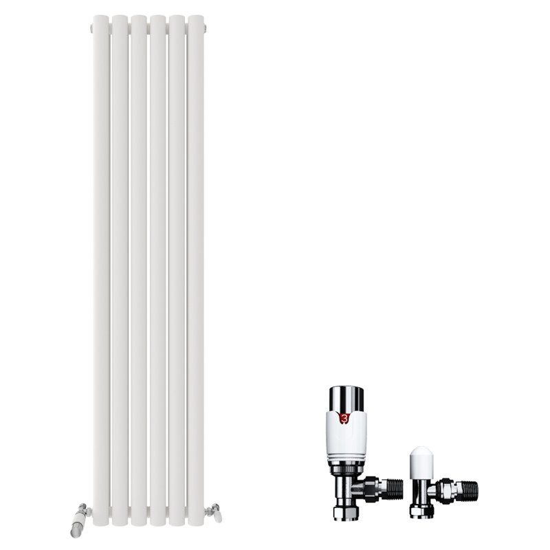 iBathUK Princia Vertical Double Oval Panel Radiator Angled Valve, White, 1600cm H x 360cm W x 79cm D
