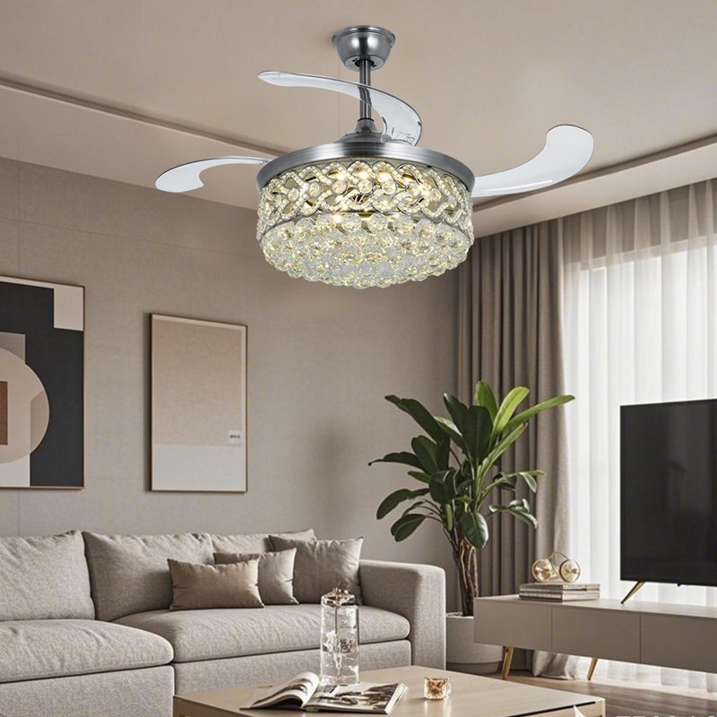 Ventilateur invisible en cristal en forme de cœur de 42 pouces avec télécommande et éclairage tricolore
