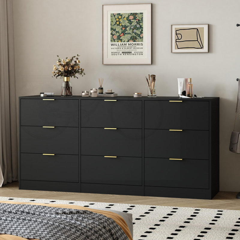 Commode noire 9 tiroirs, grande commode profonde de 63 po, commode en bois avec 9 tiroirs pour la chambre à coucher, commodes longues pour le salon, couloir