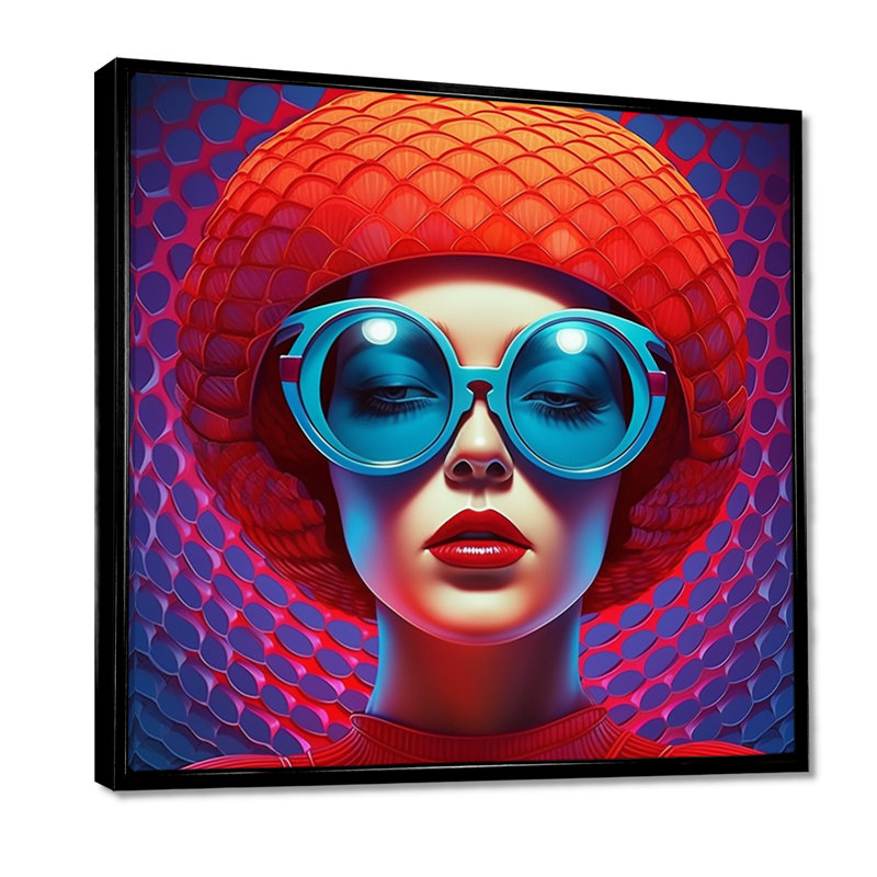 Art urbain, chapeau bleu urbain en verre rouge, Toile noire avec cadre flottant, H 16 po x l 16 po