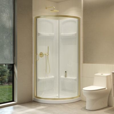Breeze 33 in. L x 33 in. W x 77.36 in. H Round Corner Shower Kit in Brushed Gold, Clear Sliding Door, Walls and Pan