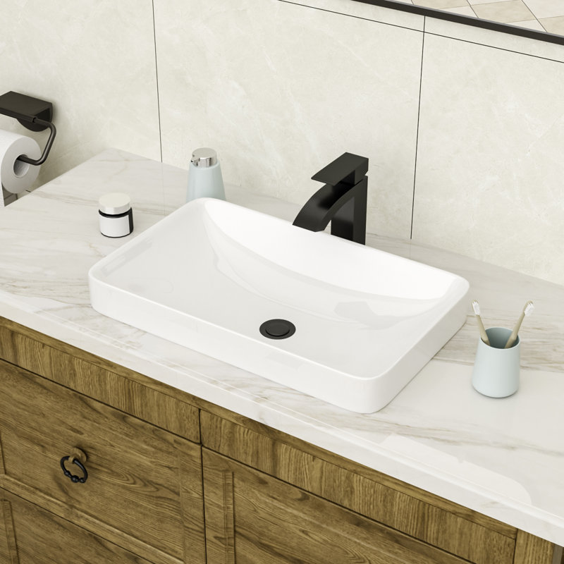 19'' L x 12'' W Semi Recessed Bathroom Sink Rectangular Ceramic Vessel Sink Above Counter Sink, White