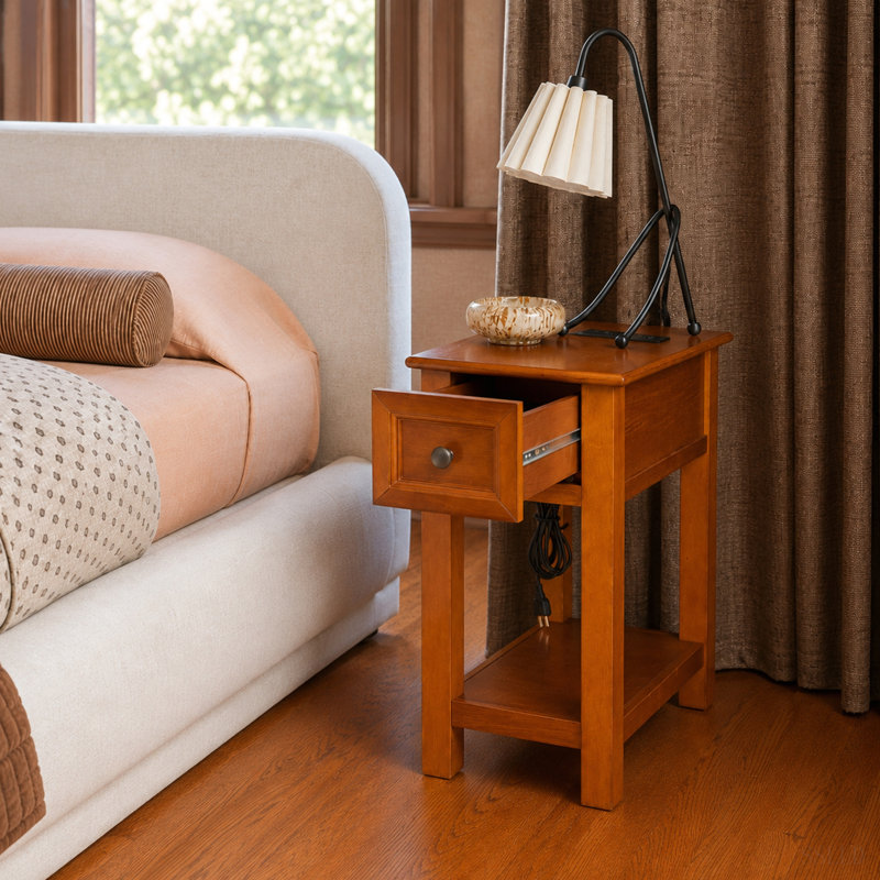 End Table With Drawer and Shelf, Mission-Style, Veneers and Wood Construction Walnut Color for Living Room and Bedroom
