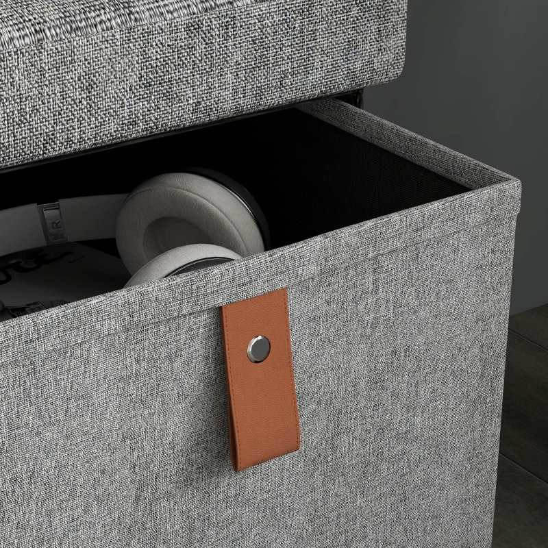 Linen Upholstered Bench with Drawers, Light Grey