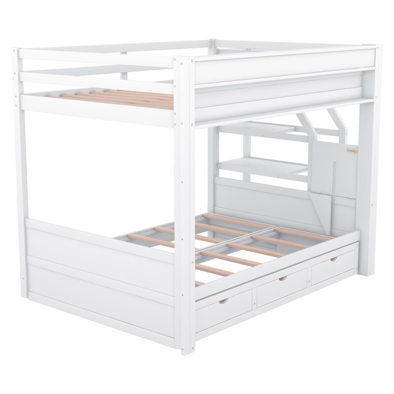 Lit superposé convertible en bois pleine grandeur avec escalier de rangement, table de chevet et 3 tiroirs, Blanc
