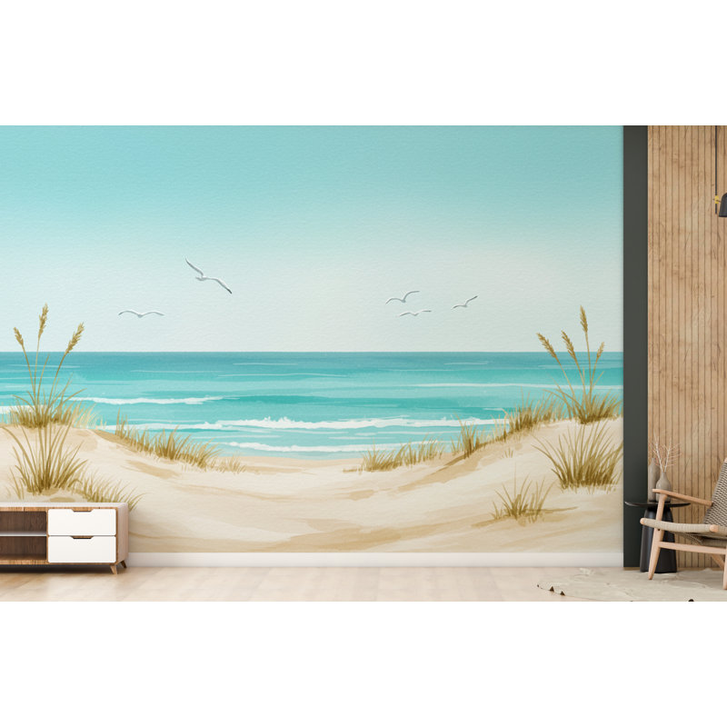 Murale panoramique aquarelle paysage marin - Oiseau mouette, vagues turquoises, dunes de sable et oiseaux | Papier peint Coastal Beach House 770RS (Peel-N-Stick) RS770