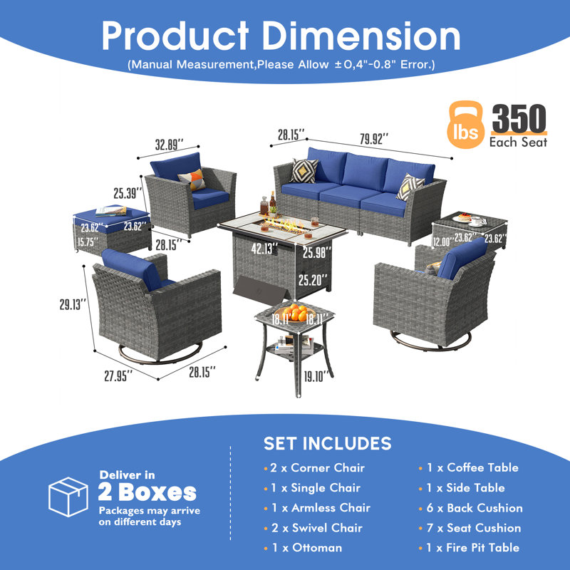 Kloster 6 - Person Patio Conversation Set with Cushions, Navy