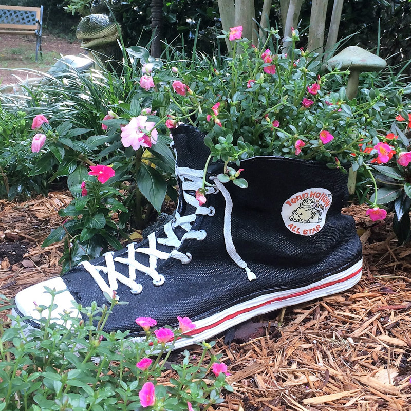 Toad Hollow High Top Sneaker Shoe Frog Garden Statue, Black, 7.5" H x 6.75" W x 14" D