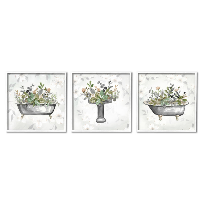A3-226 - Fleurs de salle de bain grises encadrées, 3 pièces, Giclée encadrée blanc bord de mer, H 12 po x l 12 po x P 1,5 po