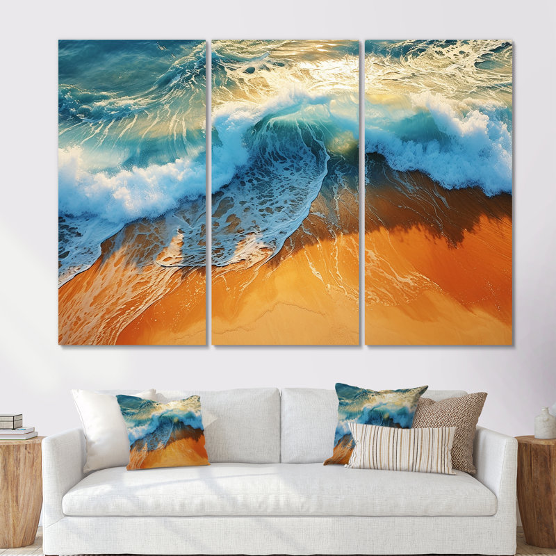 Bleu et orange, vue aérienne rétro de plage I - art mural plage, Toile tendue, H 40 po x l 61 po x P 1 po