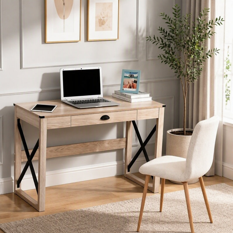 Bureau d'écriture style rétro avec cadre en X stable et tiroir spacieux pour le bureau à domicile