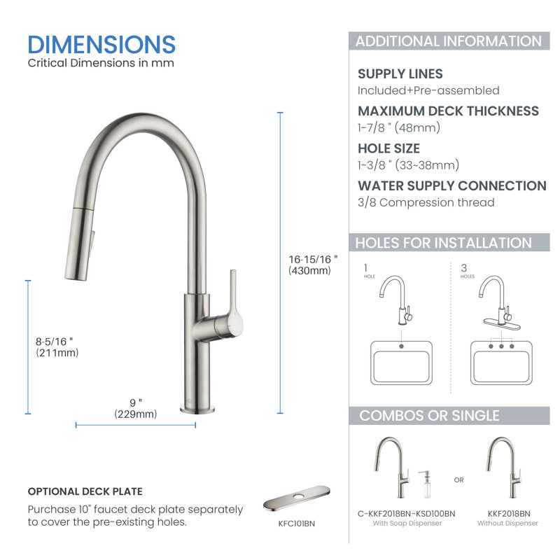 KIBI Fusion Pull Down Kitchen Faucet, Brushed Nickel