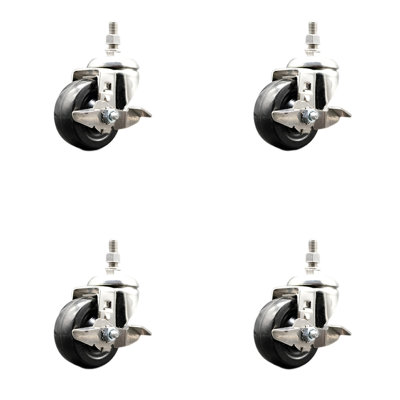 316SS Hard Rubber Wheel Swivel Threaded Stem Caster Set Brake