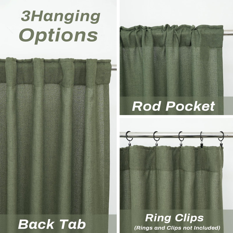 Paire de rideaux semi-transparents avec passe-tringle Janie, L 52 po x L 63 po, Vert olive
