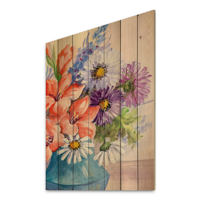 Bouquet rétro de fleurs sauvages III - décoration murale traditionnelle en bois - bois de pin naturel