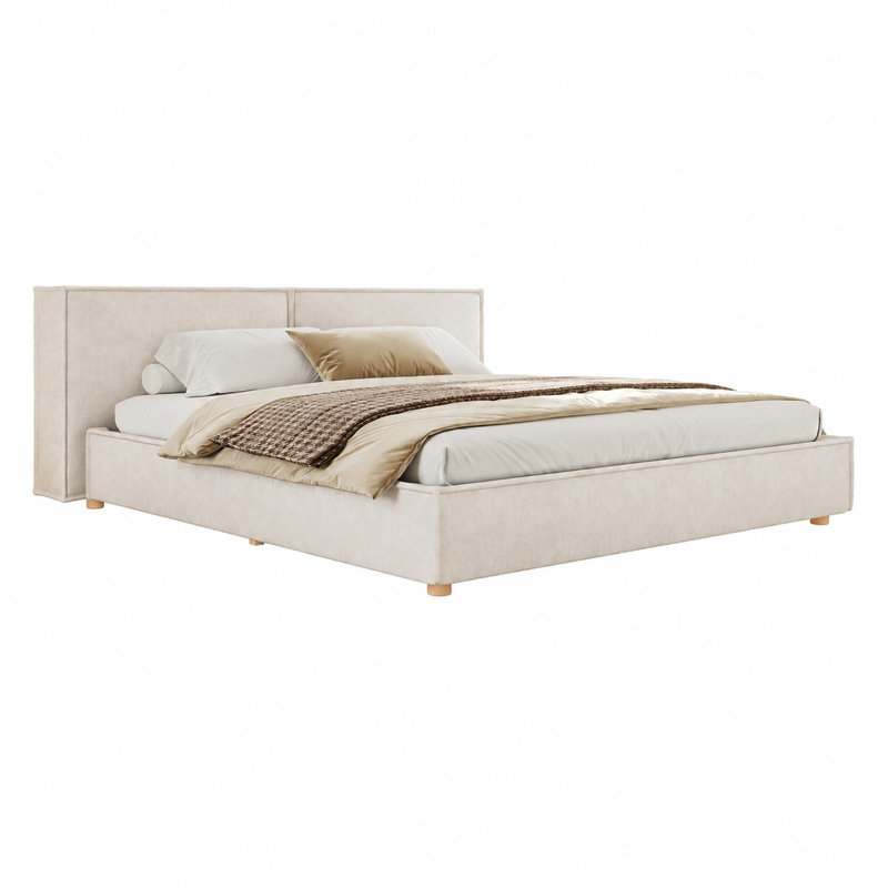 Lit capitonné en chenille avec tête de lit extra-large à double panneau et sommier à lattes en bois, Queen
