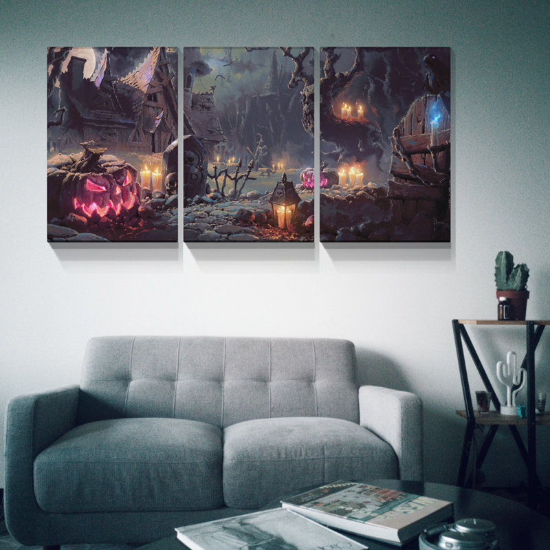 3 panneaux d'art mural encadrés, peinture pour Halloween, H 20 po x l 30 po x P 1,5 po
