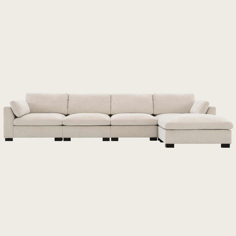 130" L-Shaped Modular Sectional Sofa with Folding Table, Charging, Storage, Ottoman, Chenille, Beige