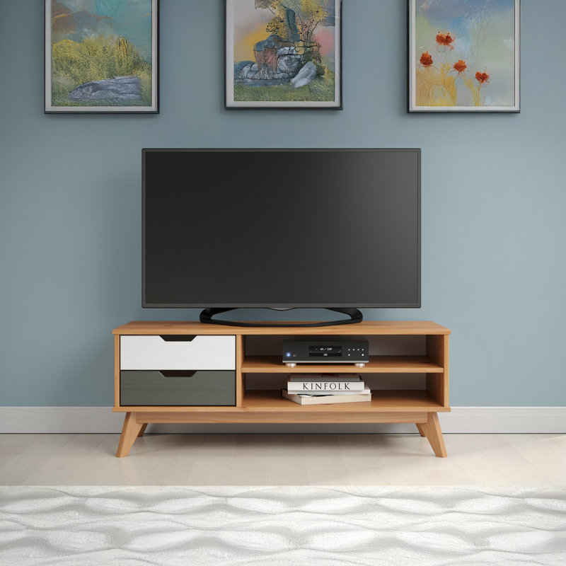 Meuble télé en bois massif miel naturel, blanc et gris