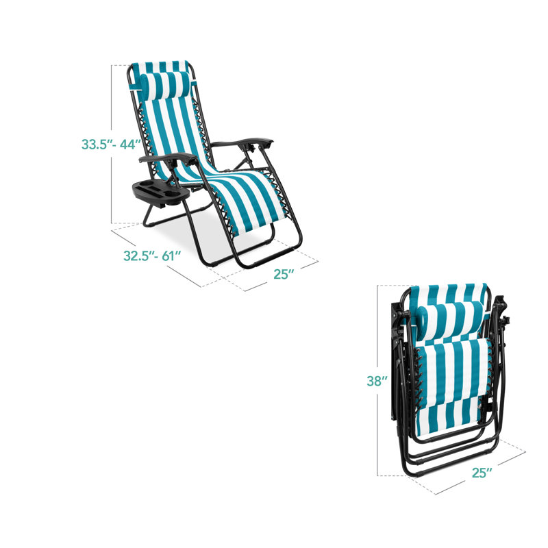  Set Of 2 Zero Gravity Lounge Chair Recliners For Patio, Pool W/ Cup Holder Tray - Peacock Striped, Black, Peacock Striped
