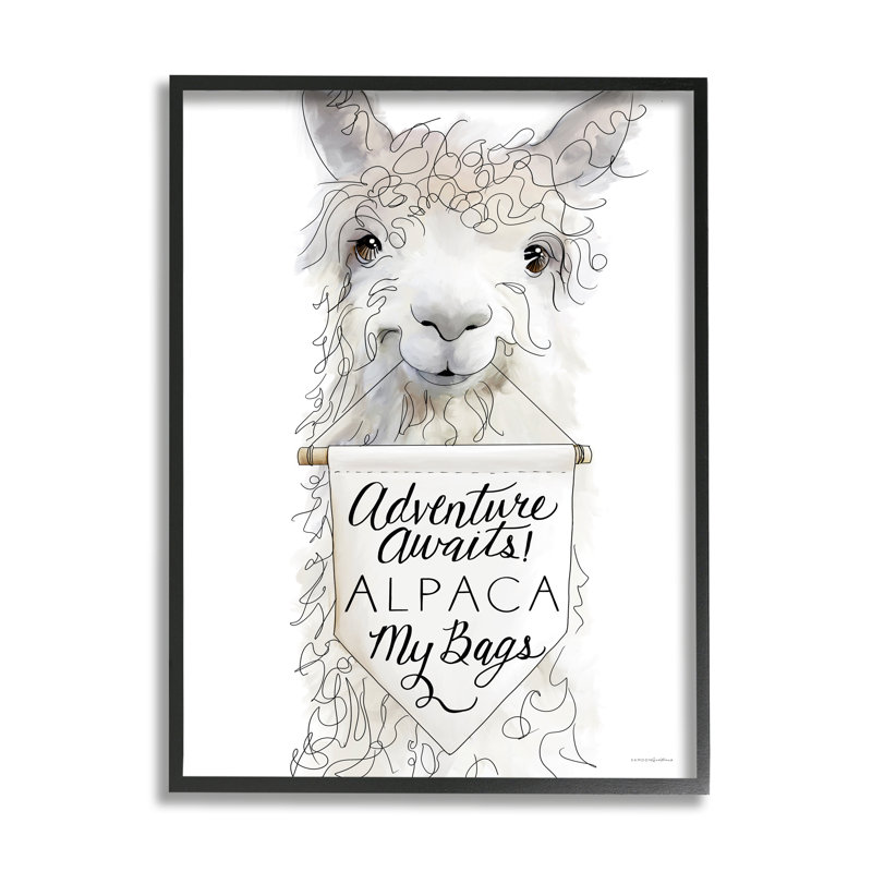 «Adventure Awaits Alpaca» par Kamdon Kreations, L 24 po x H 30 po, Giclée encadrée noir minuit