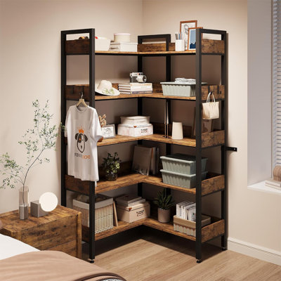 Bibliothèque d'angle, bibliothèque industrielle en L à 5 niveaux, étagère de rangement convertible pour le salon ou le bureau