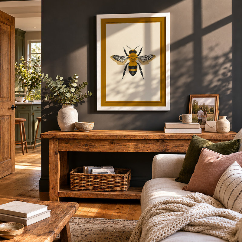 Detailed Bee Study Botanical - Framed Print, A3 - 42.0 x 29.7 cm, White