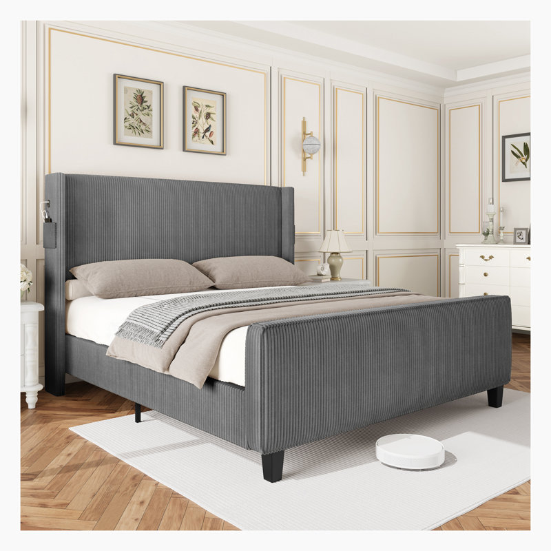 Florice Upholstered Platform Bed, Gray, King