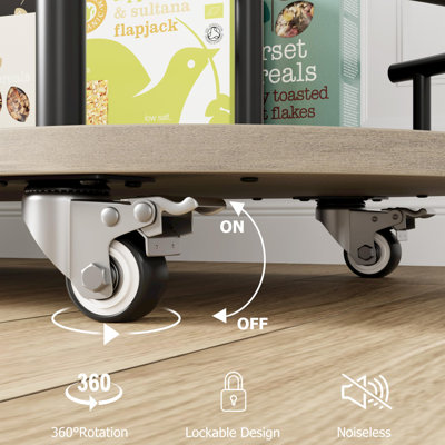 Chariot-bar à 4 niveaux avec support à vin et porte-verres - Chariot de service mobile sur roulettes, grandes tablettes de rangement, conception moderne en bois de marbre pour la cuisine, la salle à manger et le salon - peinture noire + gris