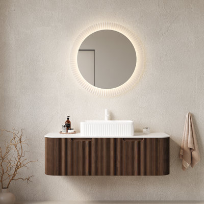 Dina 48" Bathroom Vanity With Sink, Wall-mounted Curved Edges Striped Bathroom Storage Cabinet With 2 Drawers, White Rectangular Ceramic Basin, No Faucet, Pre-assembled