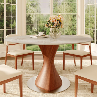 Table de salle à manger ronde moderne, table de bistro avec base en bois massif et piédestal en bois massif