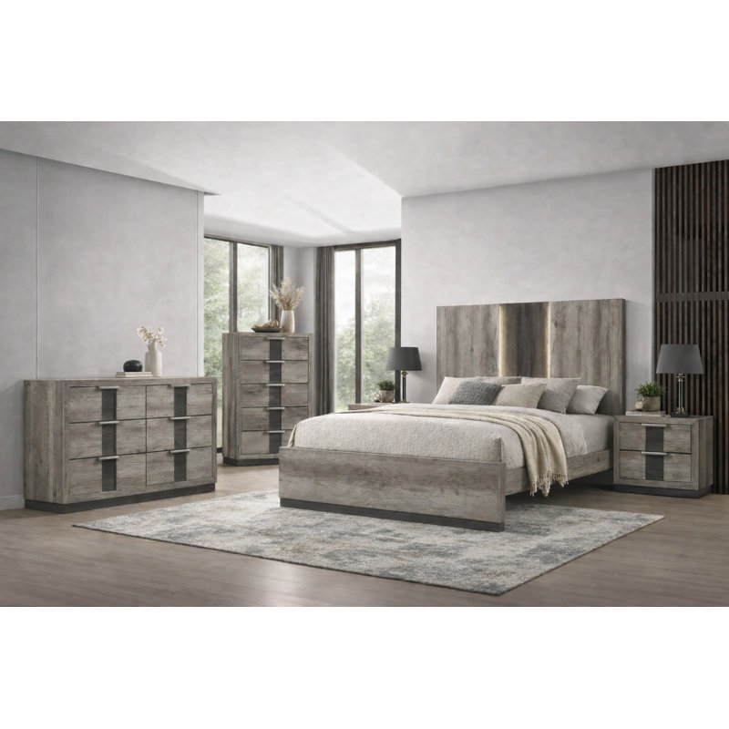 Ensemble de chambre à coucher à panneau moderne avec finition brun clair, 5 pièces, Très grand lit